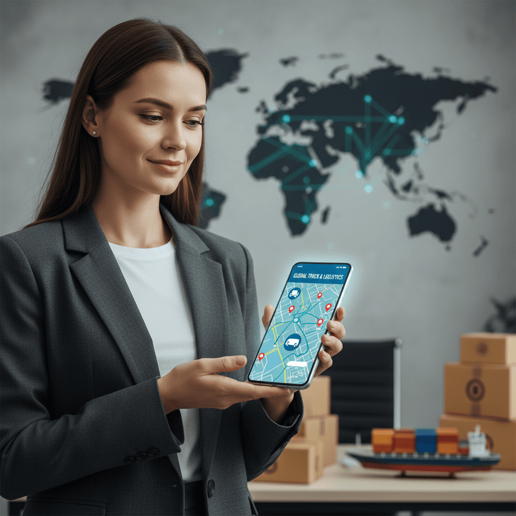 Professional holding smartphone displaying GPS tracking map with multiple location pins and vehicle icons on screen