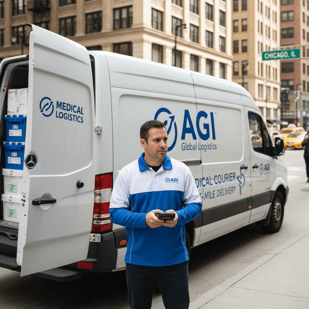 Delivery person in AGI uniform next to branded van on Chicago street
