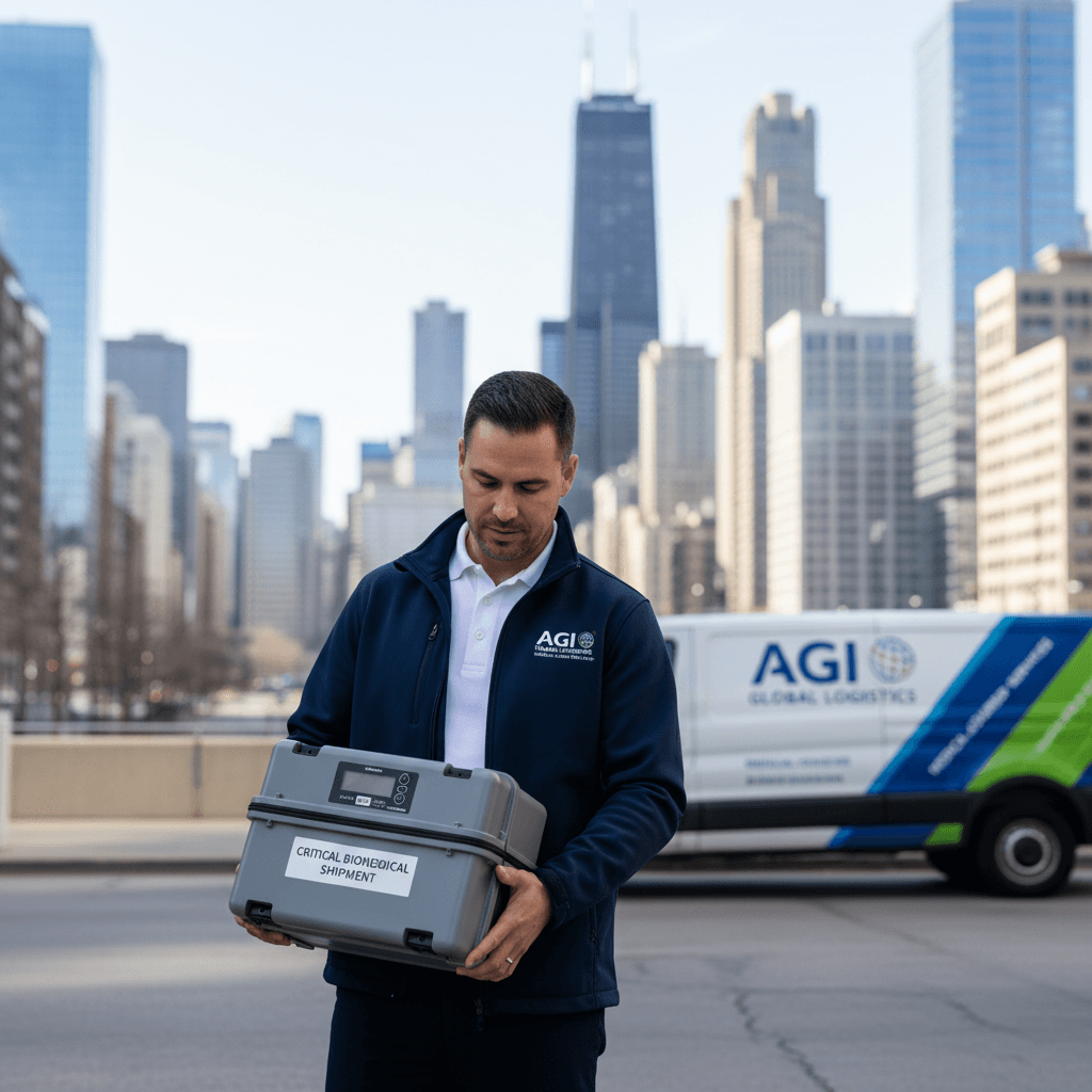Courier in Chicago delivering a secure medical package for AGI Global Logistics.