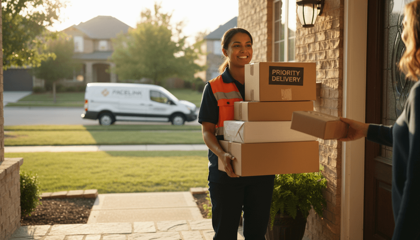 Delivery driver presenting packages at residential doorstep during afternoon delivery service in urban neighborhood