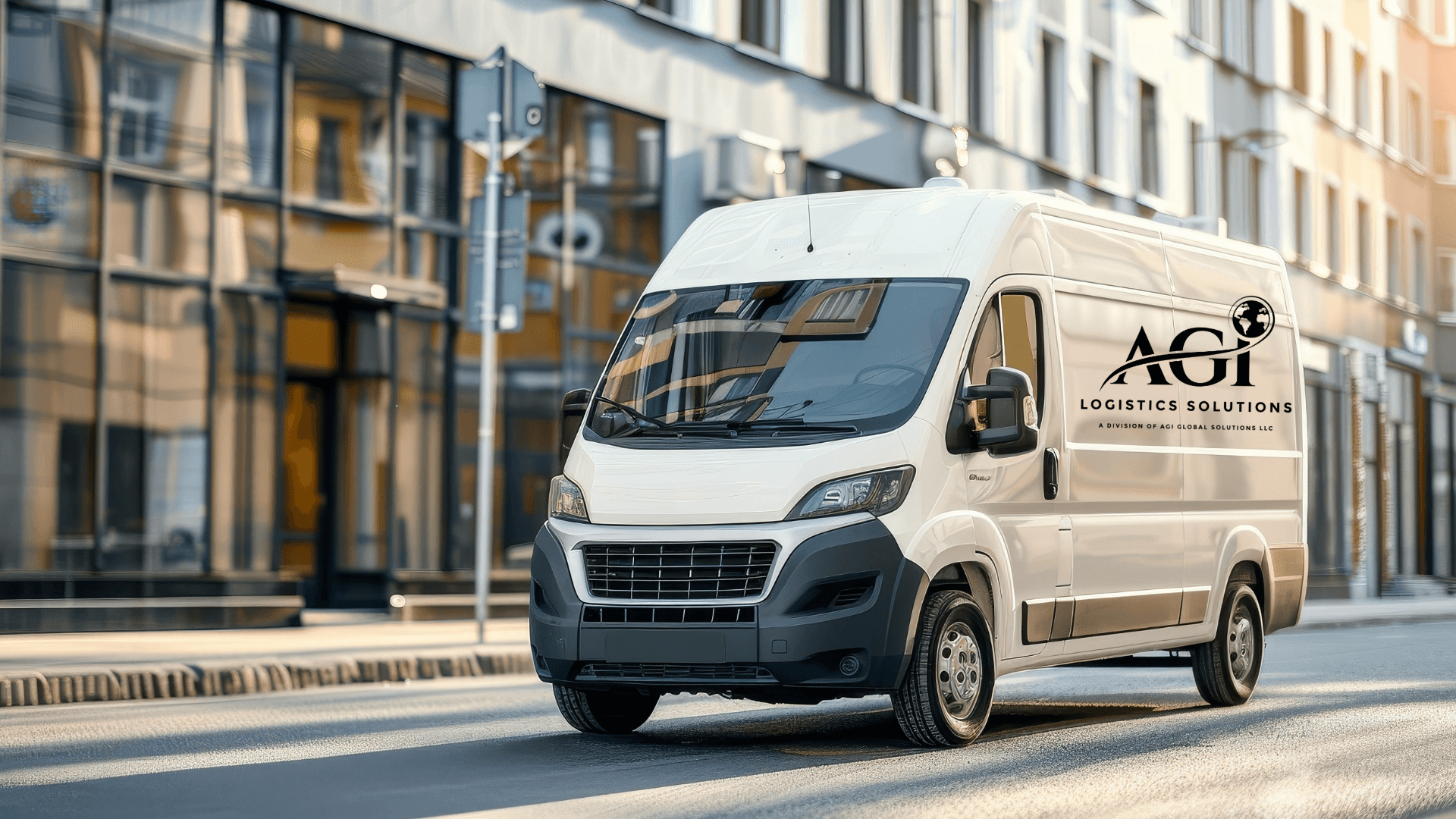 White AGI Logistics Solutions delivery van on a sunny city street with modern buildings.