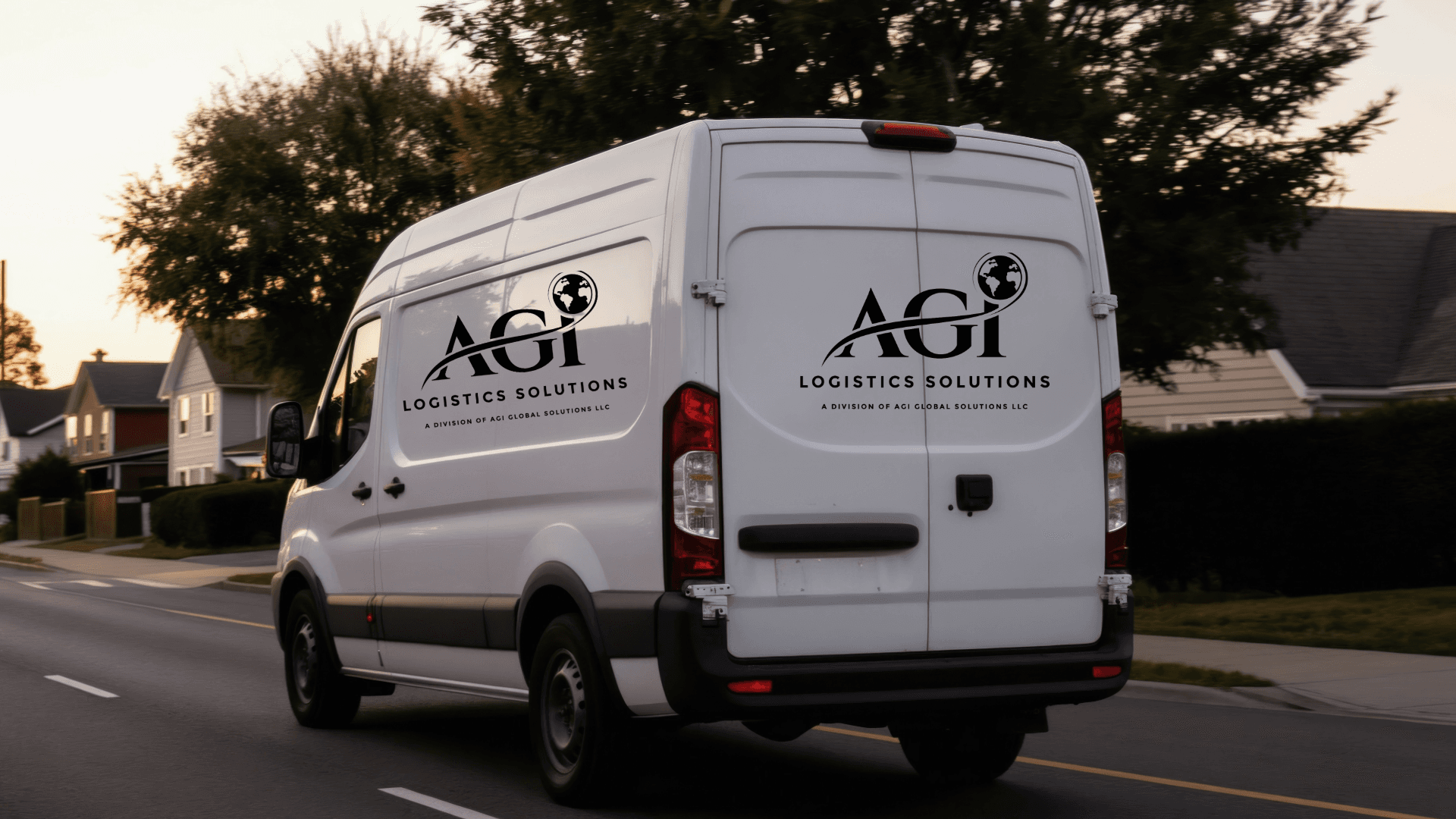 White AGI Logistics Solutions delivery van driving on a residential road during sunset.