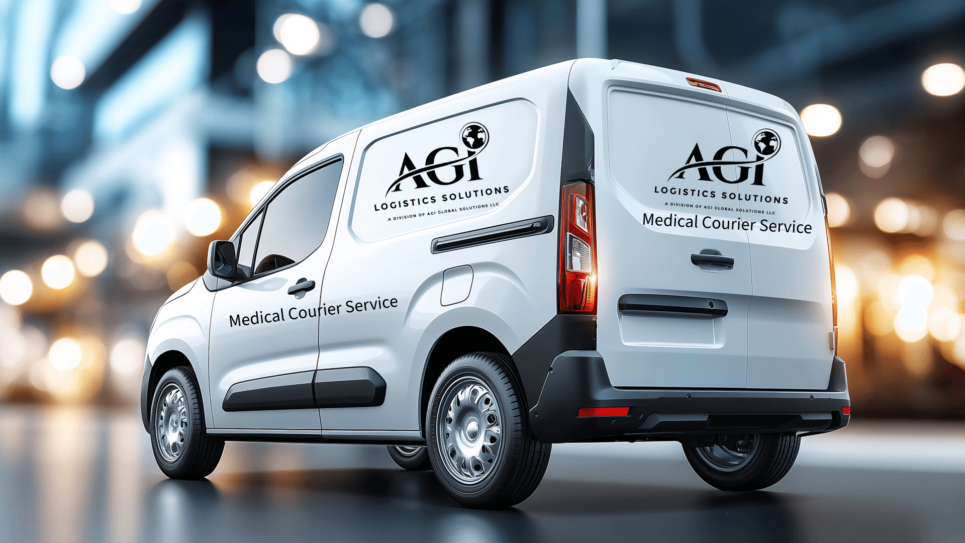 White AGI Logistics Solutions medical courier van on a city street with glowing bokeh lights.