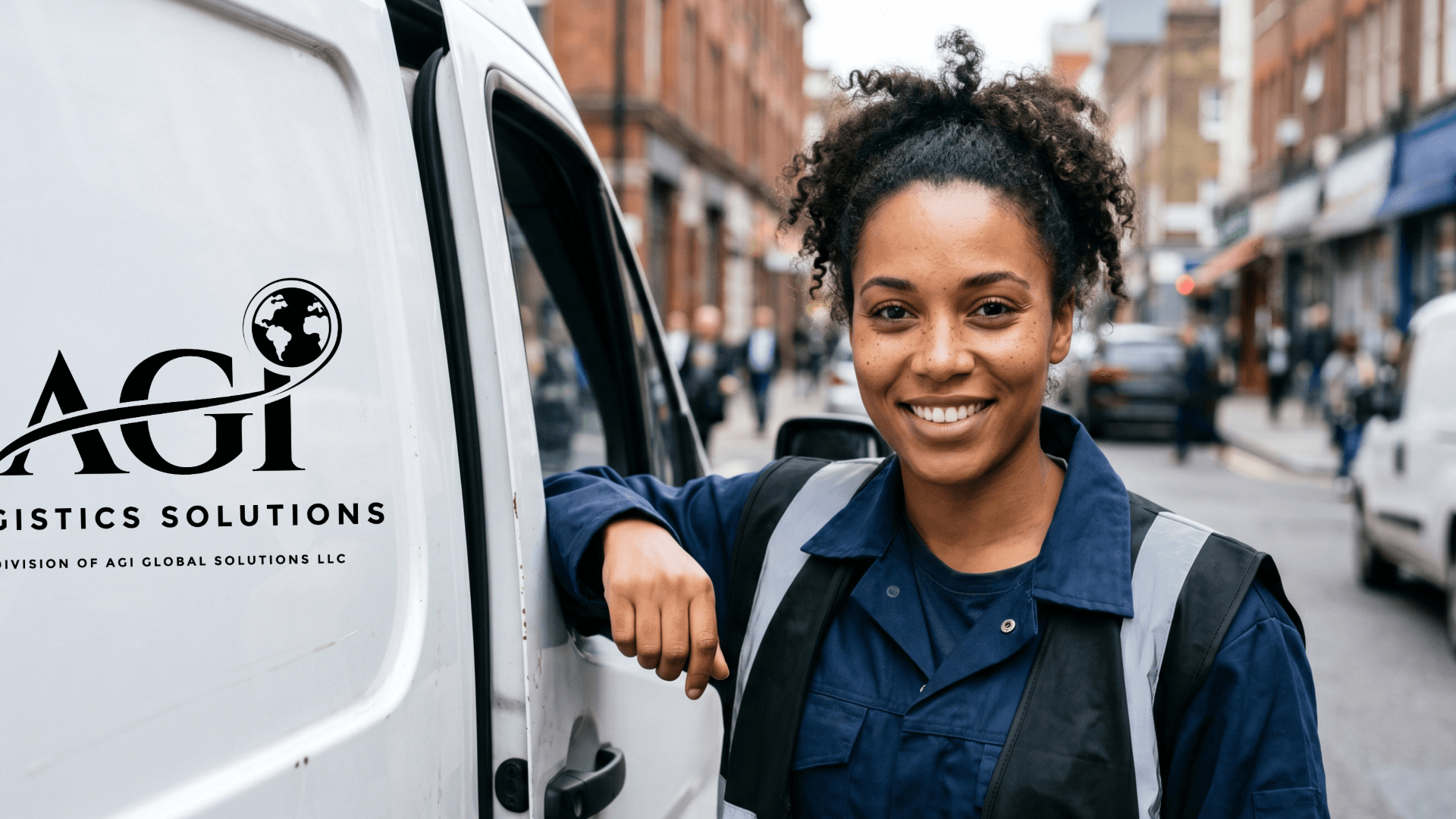 Smiling female delivery driver in uniform leans against a white AGI Logistics Solutions van.